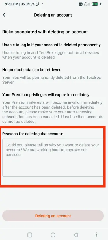 Deleting TeraBox account 02